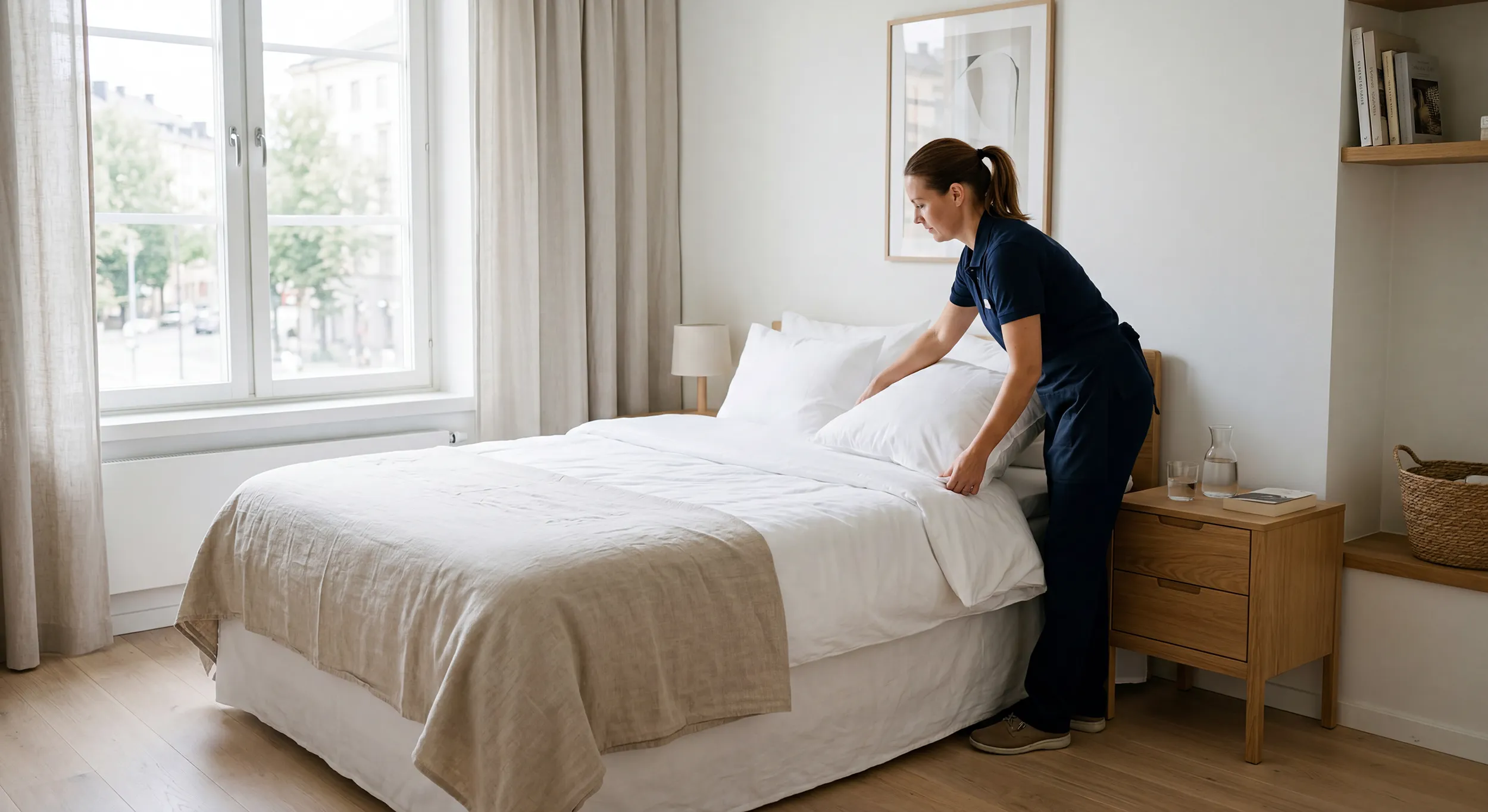 Händer som noggrant viker ett vitt lakan – symboliserar professionell omsorg