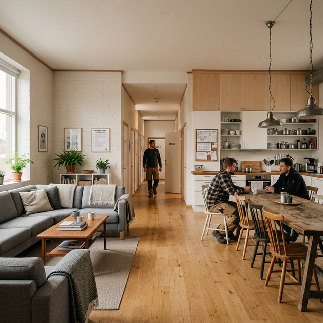 Rymligt delat hus med gemensamma ytor och separata sovrum – boende för yrkesarbetare